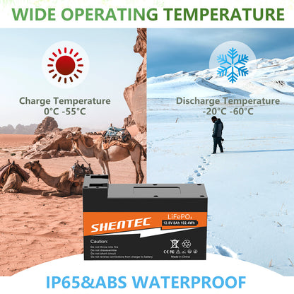SHENTEC Batterie LiFePO4 8Ah 12,8V avec BMS pour bateau, camping-car, solaire, caravane, camping hors réseau, golf