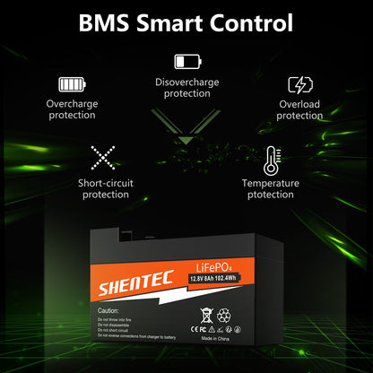 SHENTEC Batterie LiFePO4 8Ah 12,8V avec BMS pour bateau, camping-car, solaire, caravane, camping hors réseau, golf