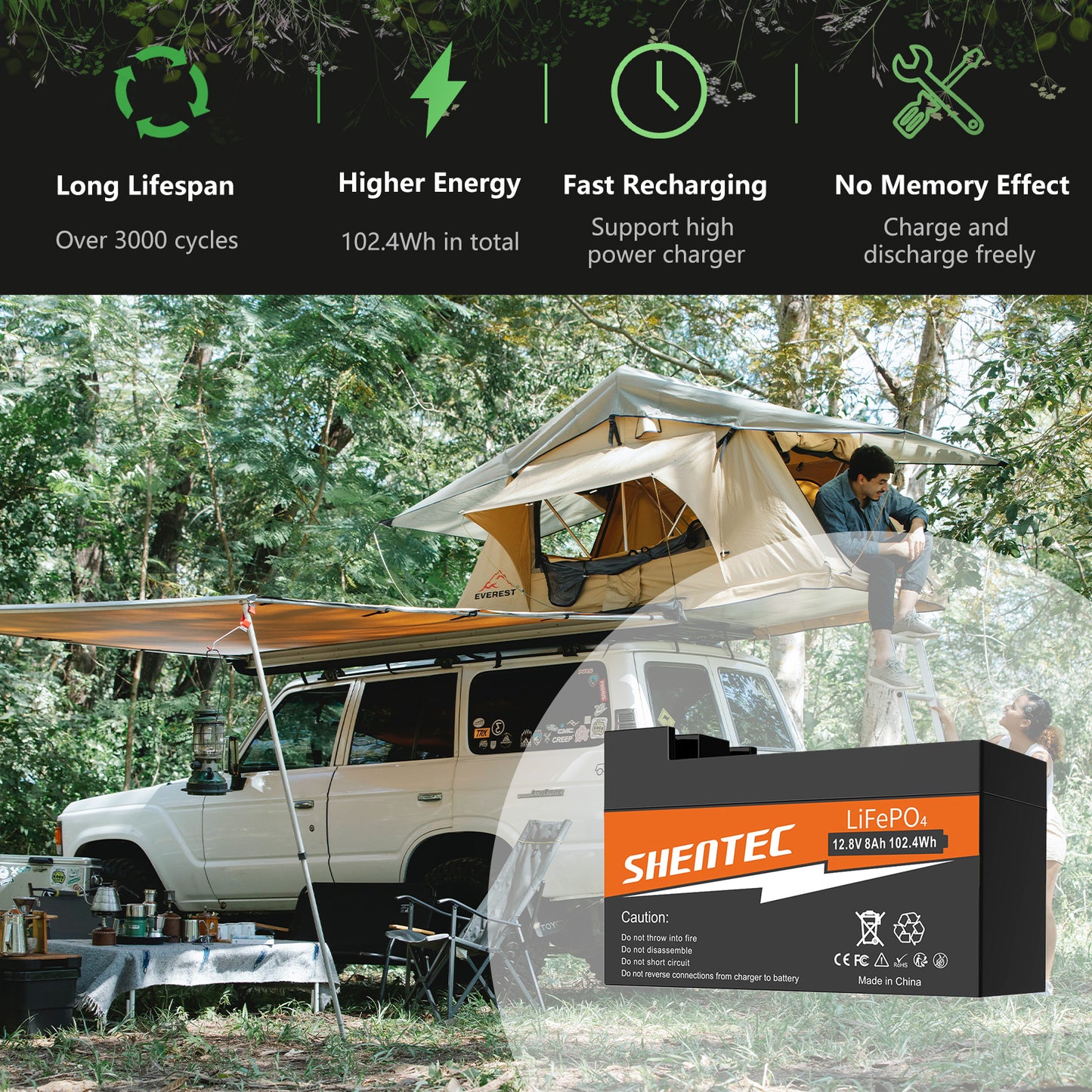 SHENTEC Batterie LiFePO4 8Ah 12,8V avec BMS pour bateau, camping-car, solaire, caravane, camping hors réseau, golf