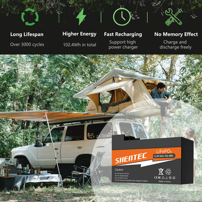 SHENTEC Batterie LiFePO4 8Ah 12,8V avec BMS pour bateau, camping-car, solaire, caravane, camping hors réseau, golf