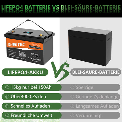 SHENTEC Batterie LiFePO4 12/24V 100/150/200/300Ah avec BMS pour bateau solaire, hors réseau et camping-car
