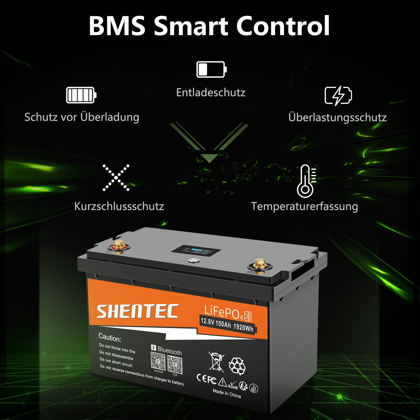 SHENTEC Batterie LiFePO4 12/24V 100/150/200/300Ah avec BMS pour bateau solaire, hors réseau et camping-car