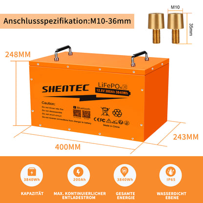 SHENTEC Batterie LiFePO4 12/24V 100/150/200/300Ah avec BMS pour bateau solaire, hors réseau et camping-car