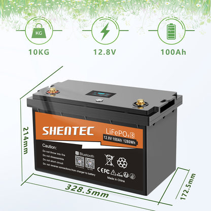 SHENTEC Batterie LiFePO4 12/24V 100/150/200/300Ah avec BMS pour bateau solaire, hors réseau et camping-car