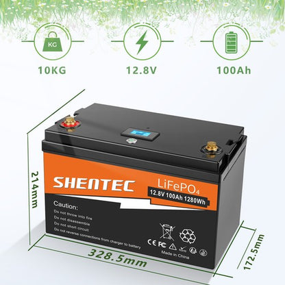 SHENTEC Batterie LiFePO4 12/24V 100/150/200/300Ah avec BMS pour bateau solaire, hors réseau et camping-car