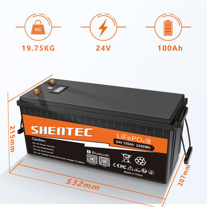 SHENTEC Batterie LiFePO4 12/24V 100/150/200/300Ah avec BMS pour bateau solaire, hors réseau et camping-car